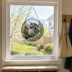 Playful snowdrop baby raccoon stained glass suncatcher window hanging, suitable for home and garden decoration