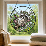 Playful snowdrop baby raccoon stained glass suncatcher window hanging, suitable for home and garden decoration