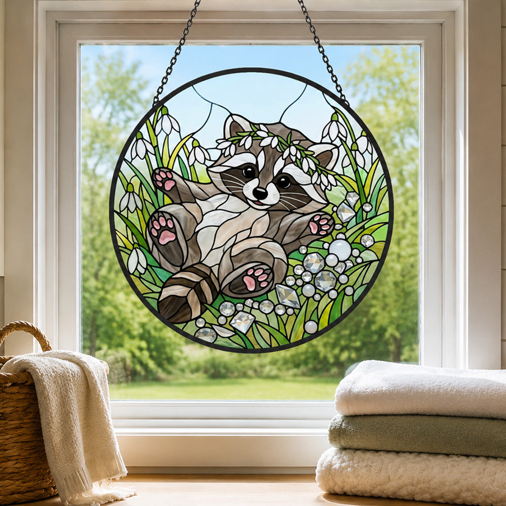 Playful snowdrop baby raccoon stained glass suncatcher window hanging, suitable for home and garden decoration