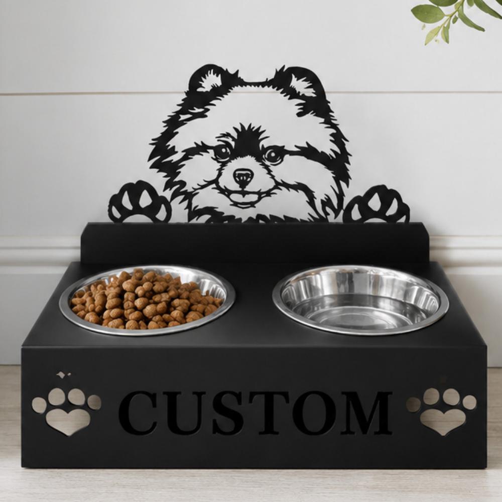 Personalized pomeranian metal dog bowl stand with custom name cutout and two removable feeding bowls