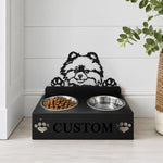 Personalized pomeranian metal dog bowl stand with custom name cutout and two removable feeding bowls