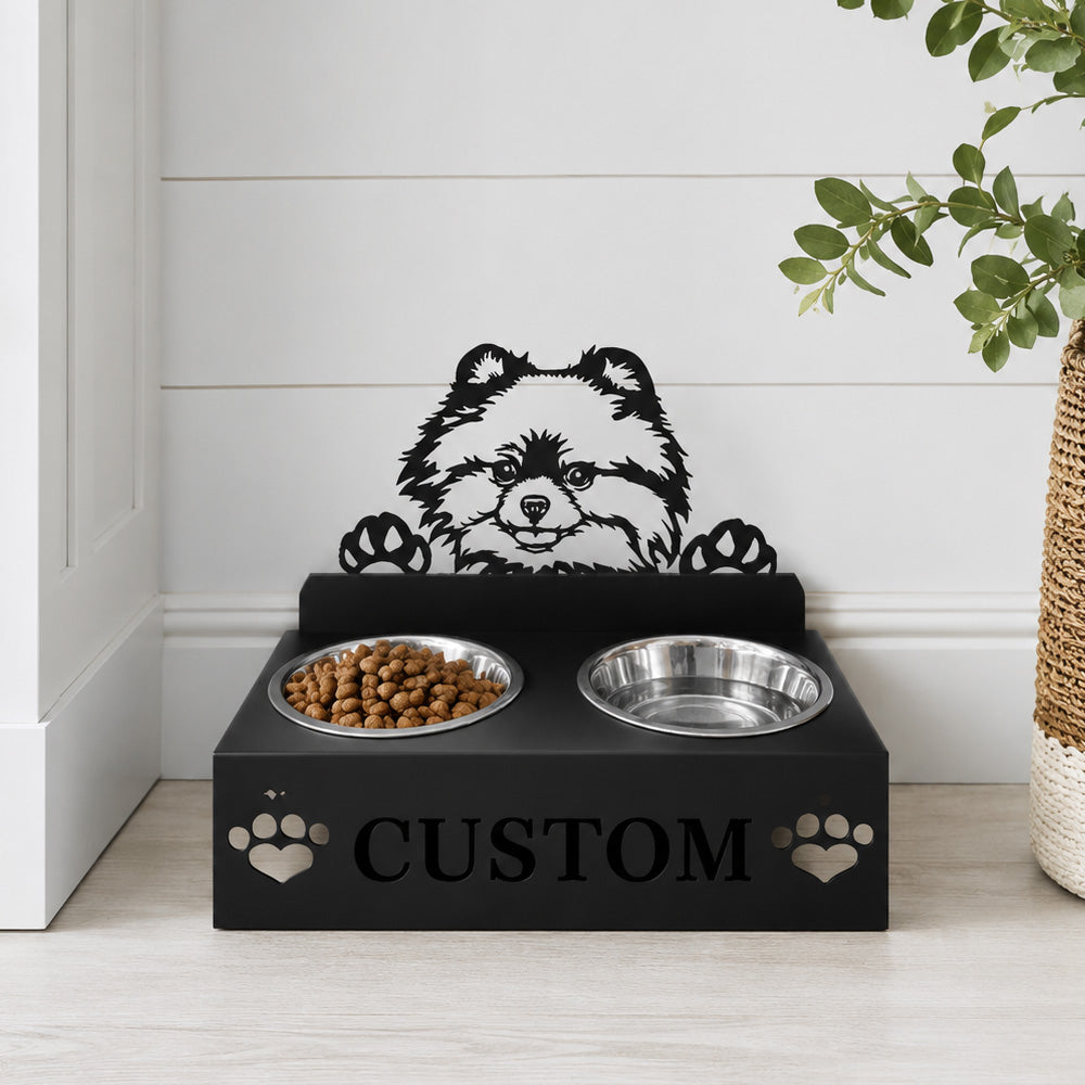 Personalized pomeranian metal dog bowl stand with custom name cutout and two removable feeding bowls