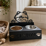 Personalized pomeranian metal dog bowl stand with custom name cutout and two removable feeding bowls
