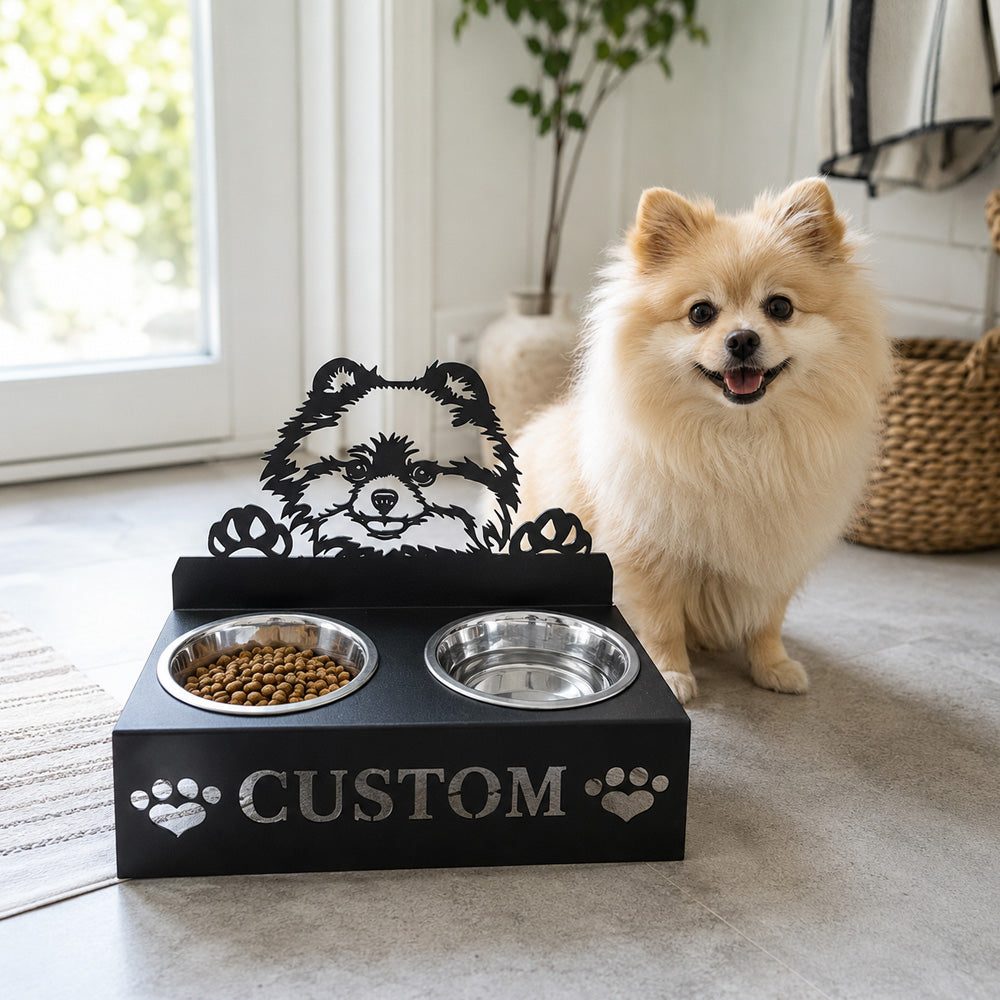 Personalized pomeranian metal dog bowl stand with custom name cutout and two removable feeding bowls