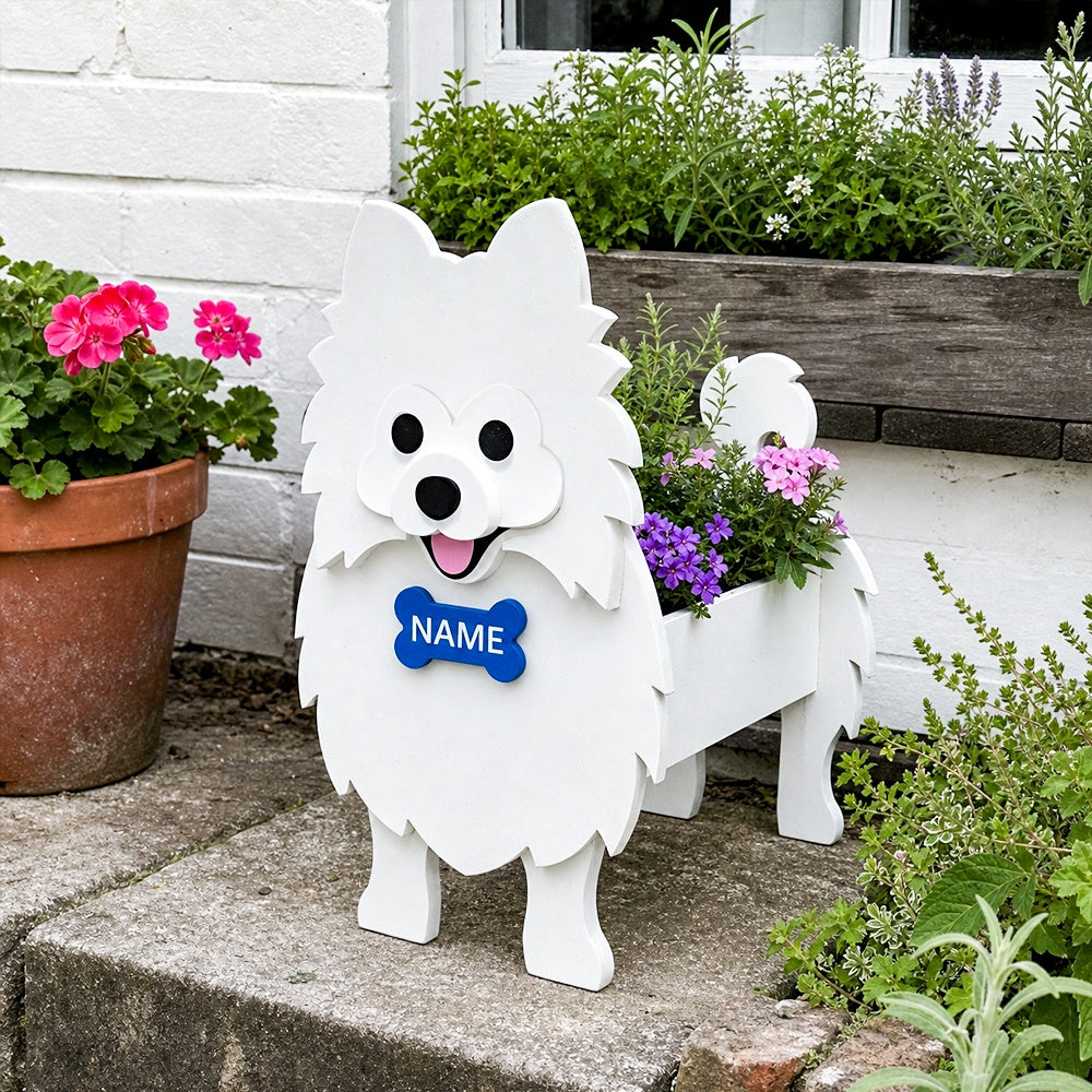 Pomeranian dog planter filled with fresh flowers is placed in the garden