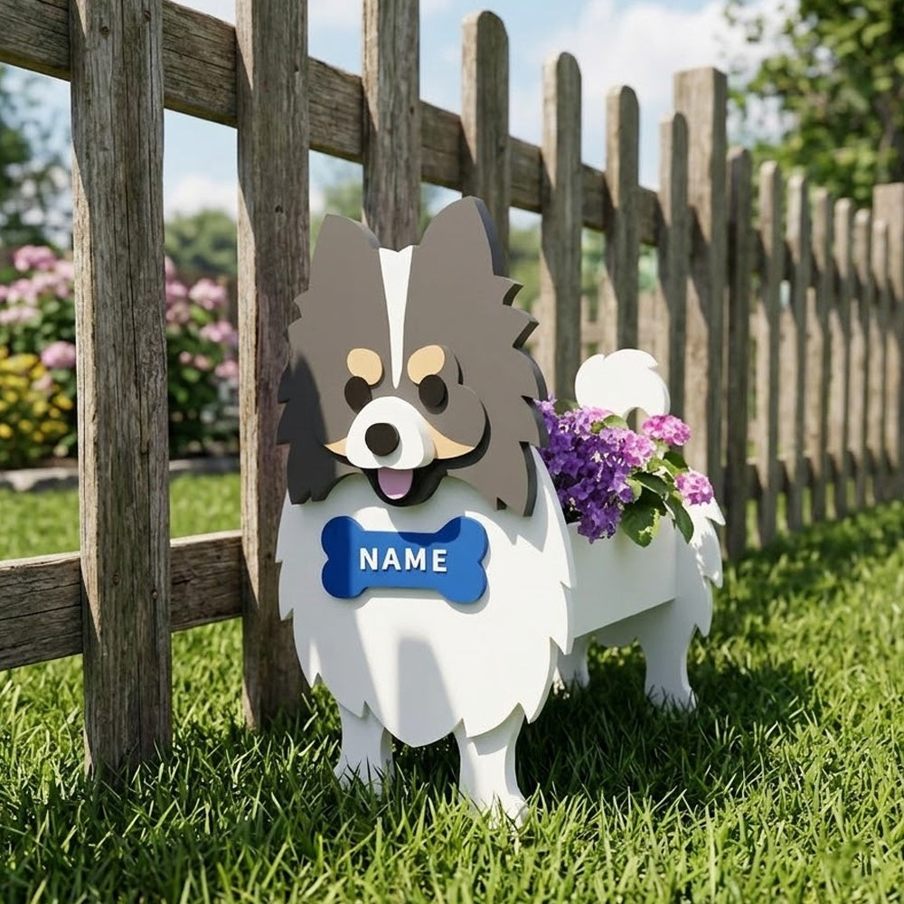 Pomeranian dog planter filled with fresh flowers is placed in the garden