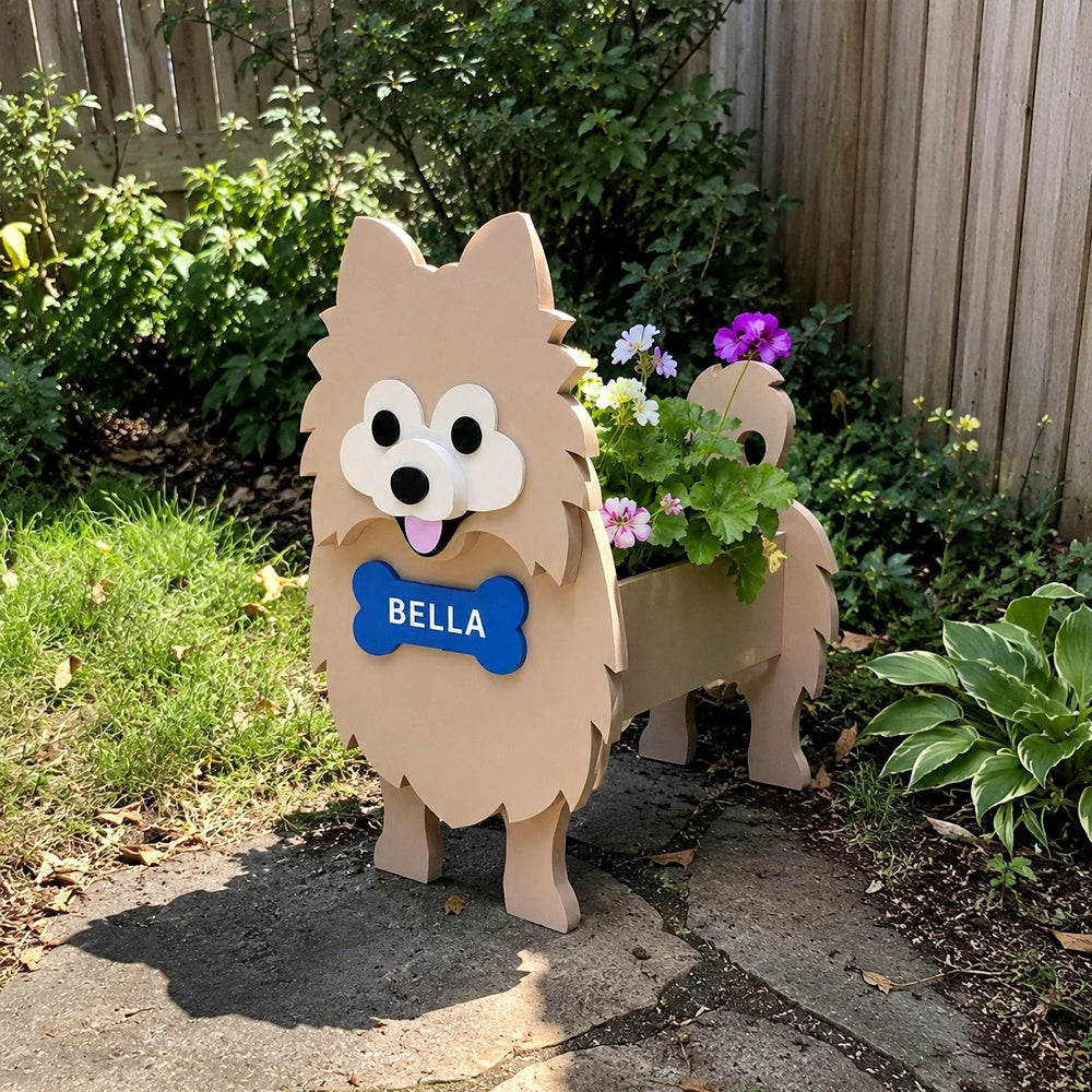 Pomeranian dog planter filled with fresh flowers is placed in the garden
