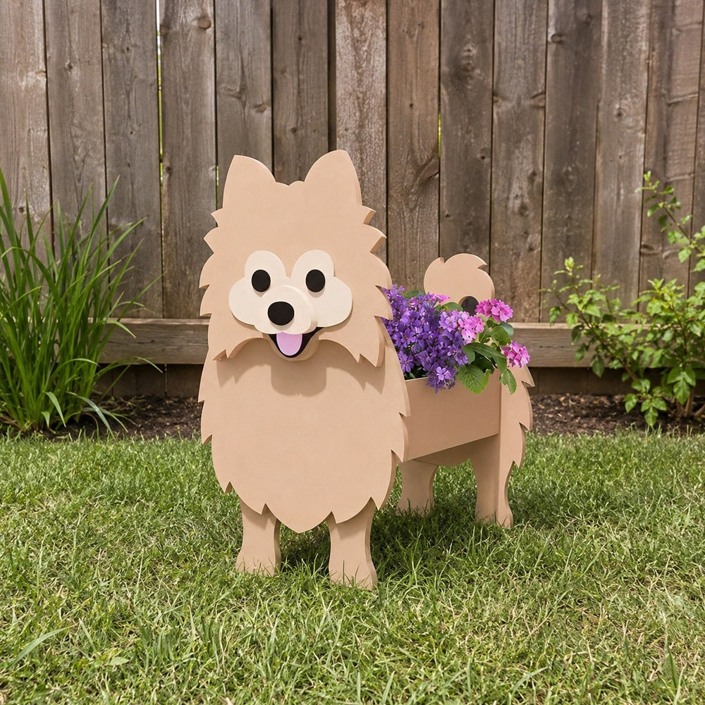 Pomeranian dog planter filled with fresh flowers is placed in the garden