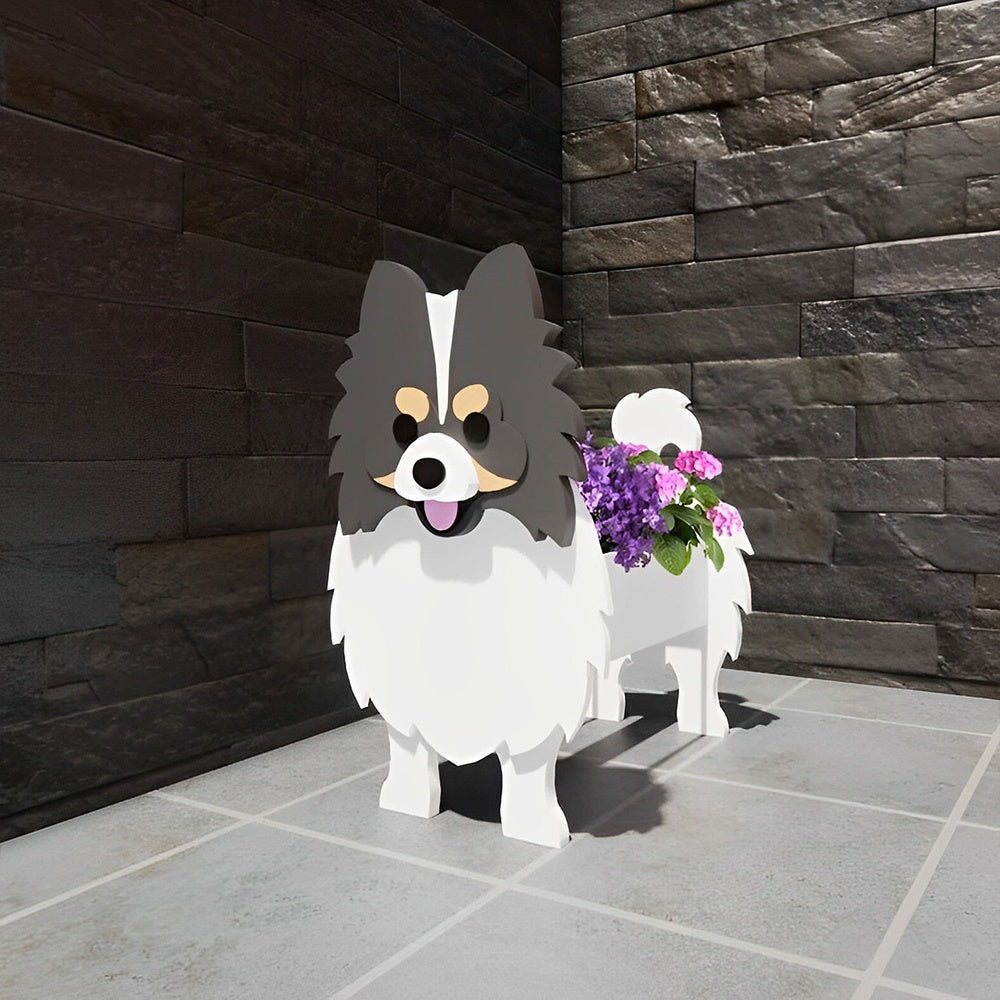 Pomeranian dog planter filled with fresh flowers is placed in the garden