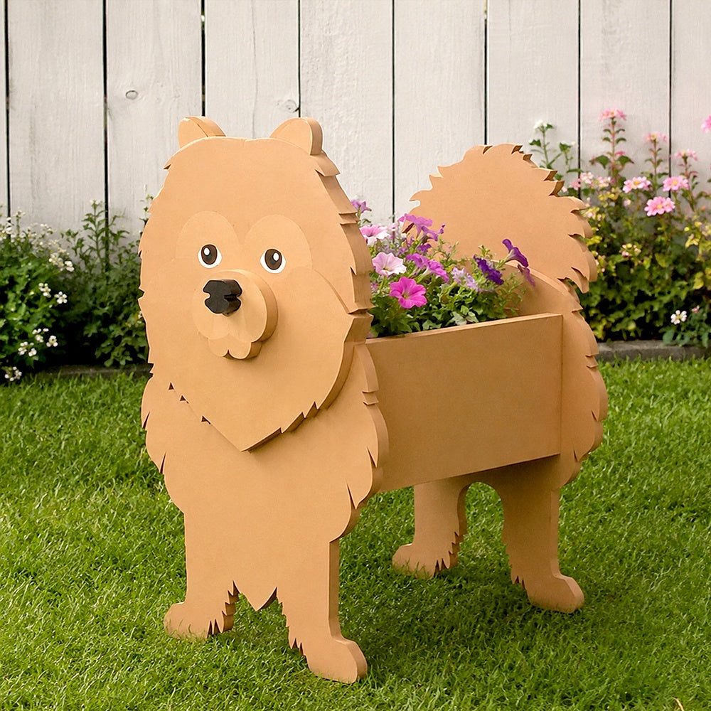 Pomeranian dog planter filled with fresh flowers is placed in the garden