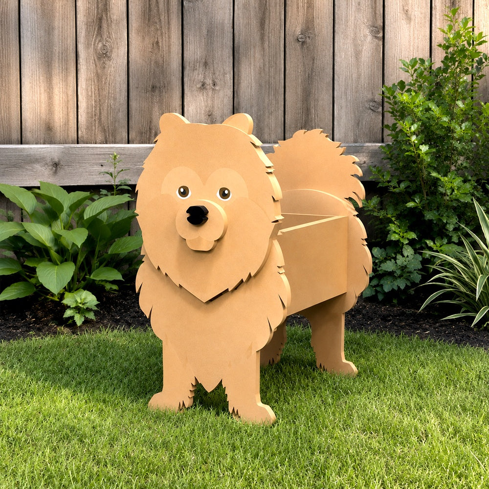 Pomeranian dog planter filled with fresh flowers is placed in the garden