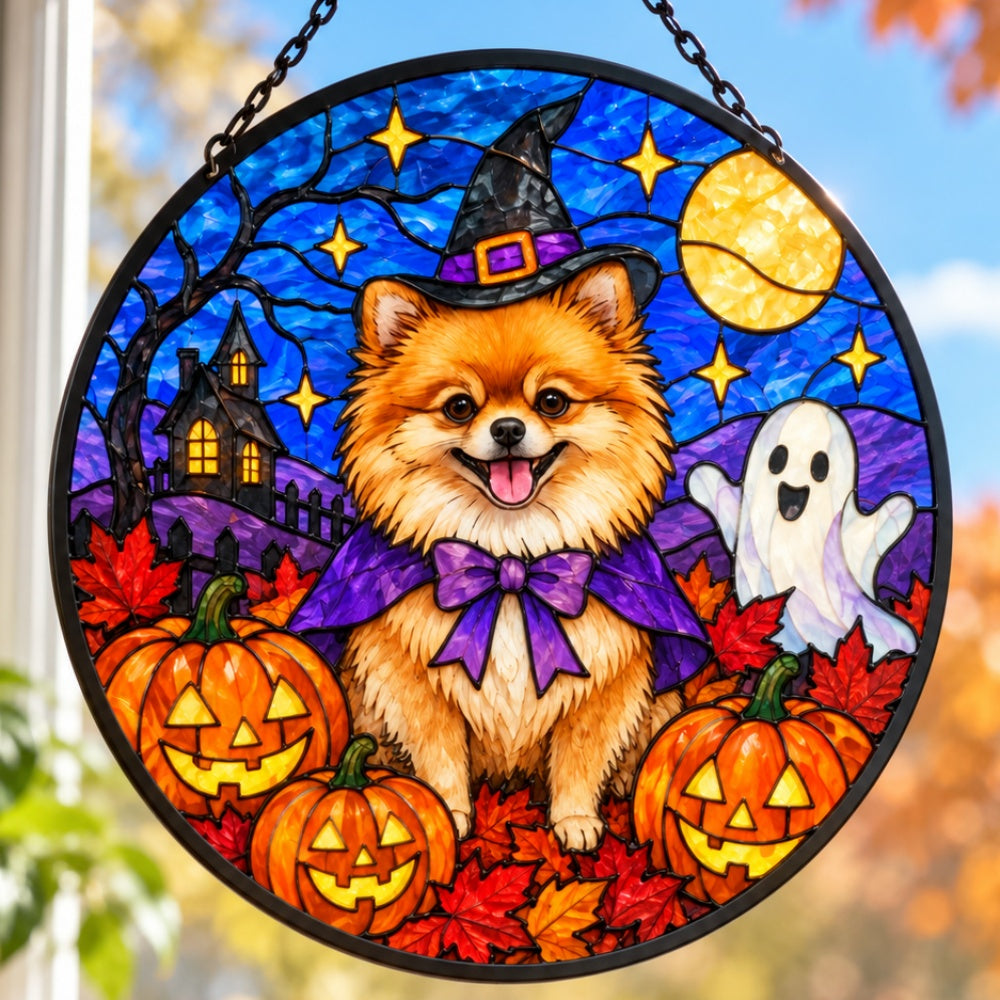 Pomeranian Halloween stained glass suncatcher window hanging, suitable for home and garden decoration
