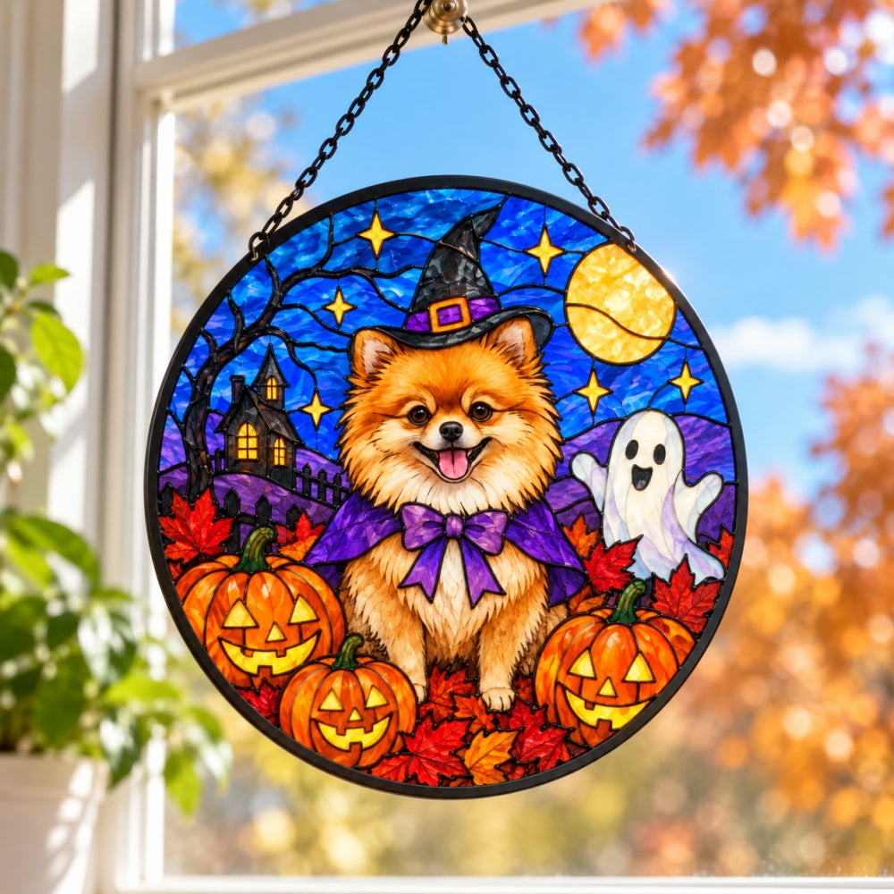 Pomeranian Halloween stained glass suncatcher window hanging, suitable for home and garden decoration