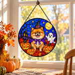 Pomeranian Halloween stained glass suncatcher window hanging, suitable for home and garden decoration