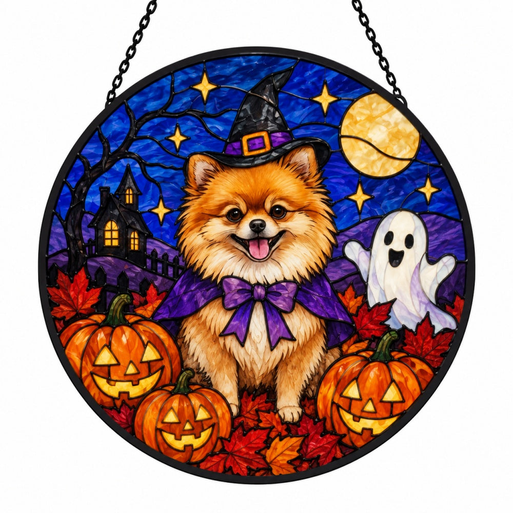 Pomeranian Halloween stained glass suncatcher window hanging, suitable for home and garden decoration