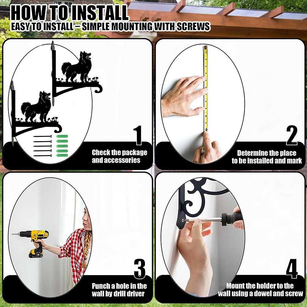 Pomeranian metal hanging basket bracket mounted on outdoor wall for plant decoration