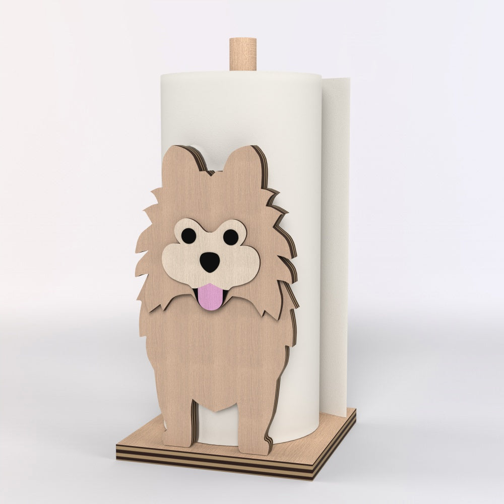 Pomeranian Wooden Dog Paper Towel Holder displayed on a kitchen countertop with a freestanding paper towel roll