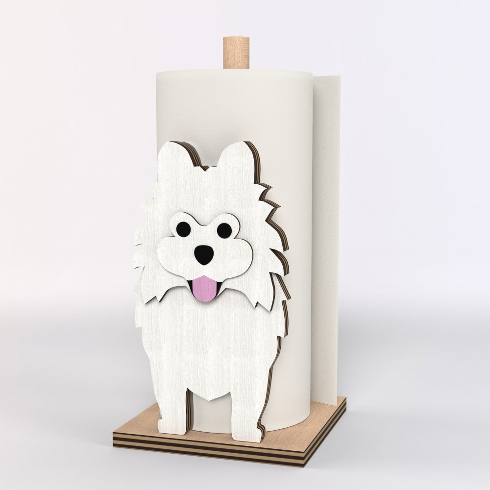 Pomeranian Wooden Dog Paper Towel Holder displayed on a kitchen countertop with a freestanding paper towel roll