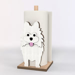 Pomeranian Wooden Dog Paper Towel Holder displayed on a kitchen countertop with a freestanding paper towel roll
