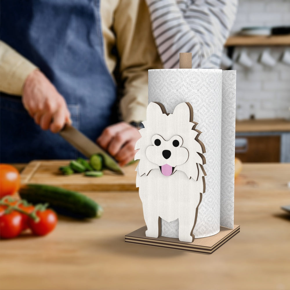 Pomeranian Wooden Dog Paper Towel Holder displayed on a kitchen countertop with a freestanding paper towel roll