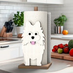 Pomeranian Wooden Dog Paper Towel Holder displayed on a kitchen countertop with a freestanding paper towel roll