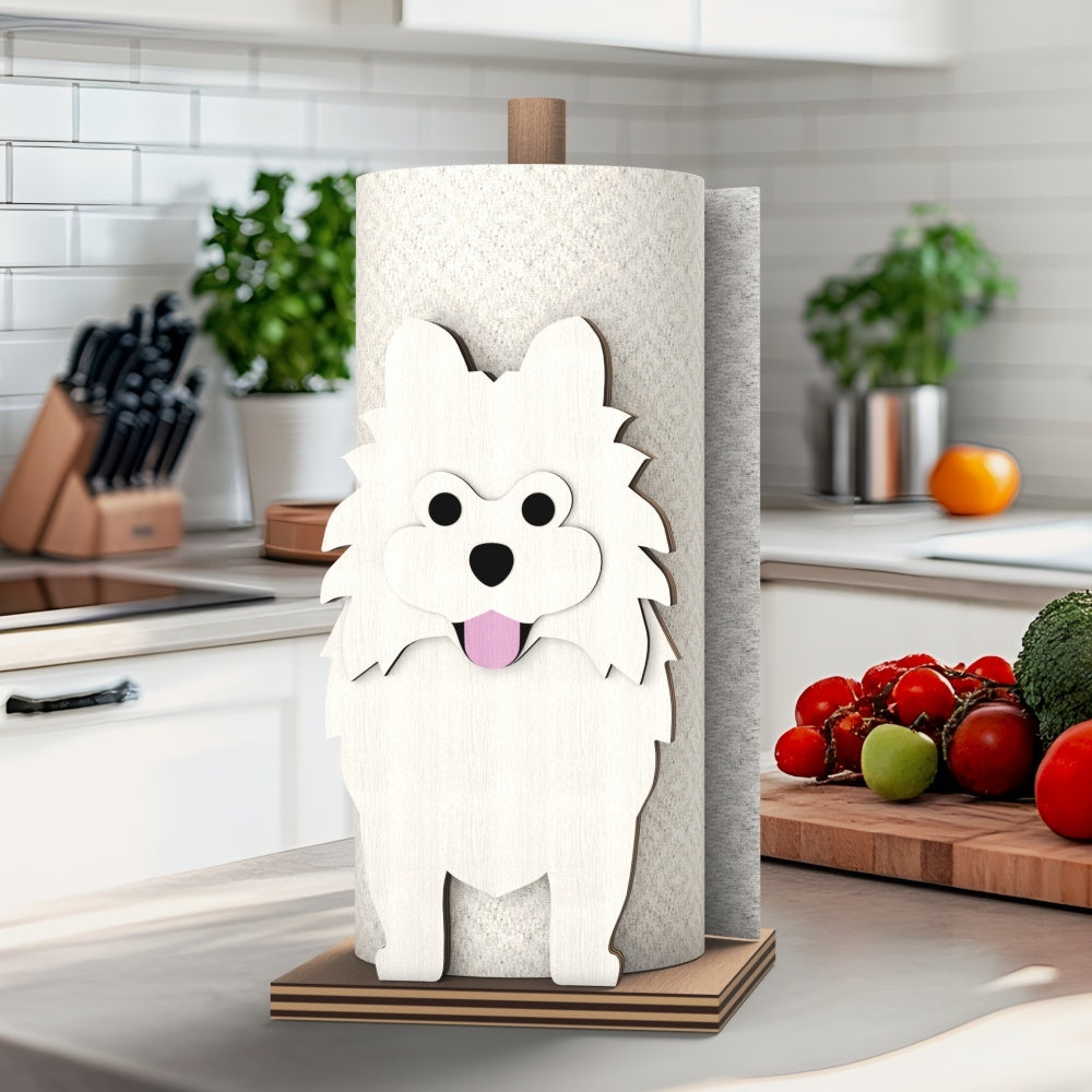Pomeranian Wooden Dog Paper Towel Holder displayed on a kitchen countertop with a freestanding paper towel roll