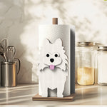 Pomeranian Wooden Dog Paper Towel Holder displayed on a kitchen countertop with a freestanding paper towel roll