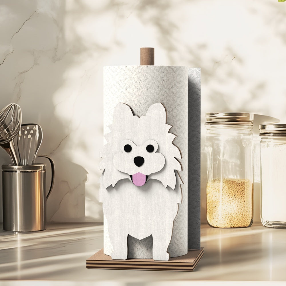Pomeranian Wooden Dog Paper Towel Holder displayed on a kitchen countertop with a freestanding paper towel roll