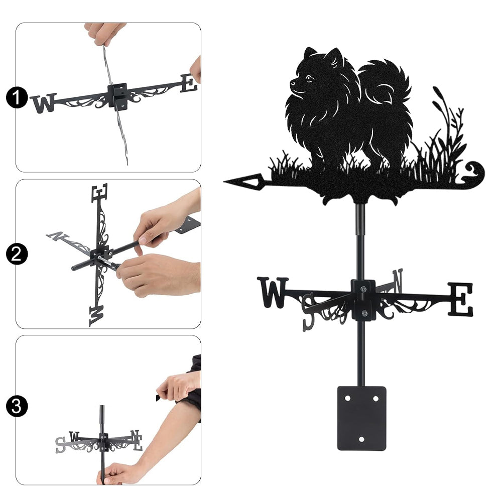 Pomeranian metal weather vane with directional arrows and mounting rod, outdoor roof and garden decoration