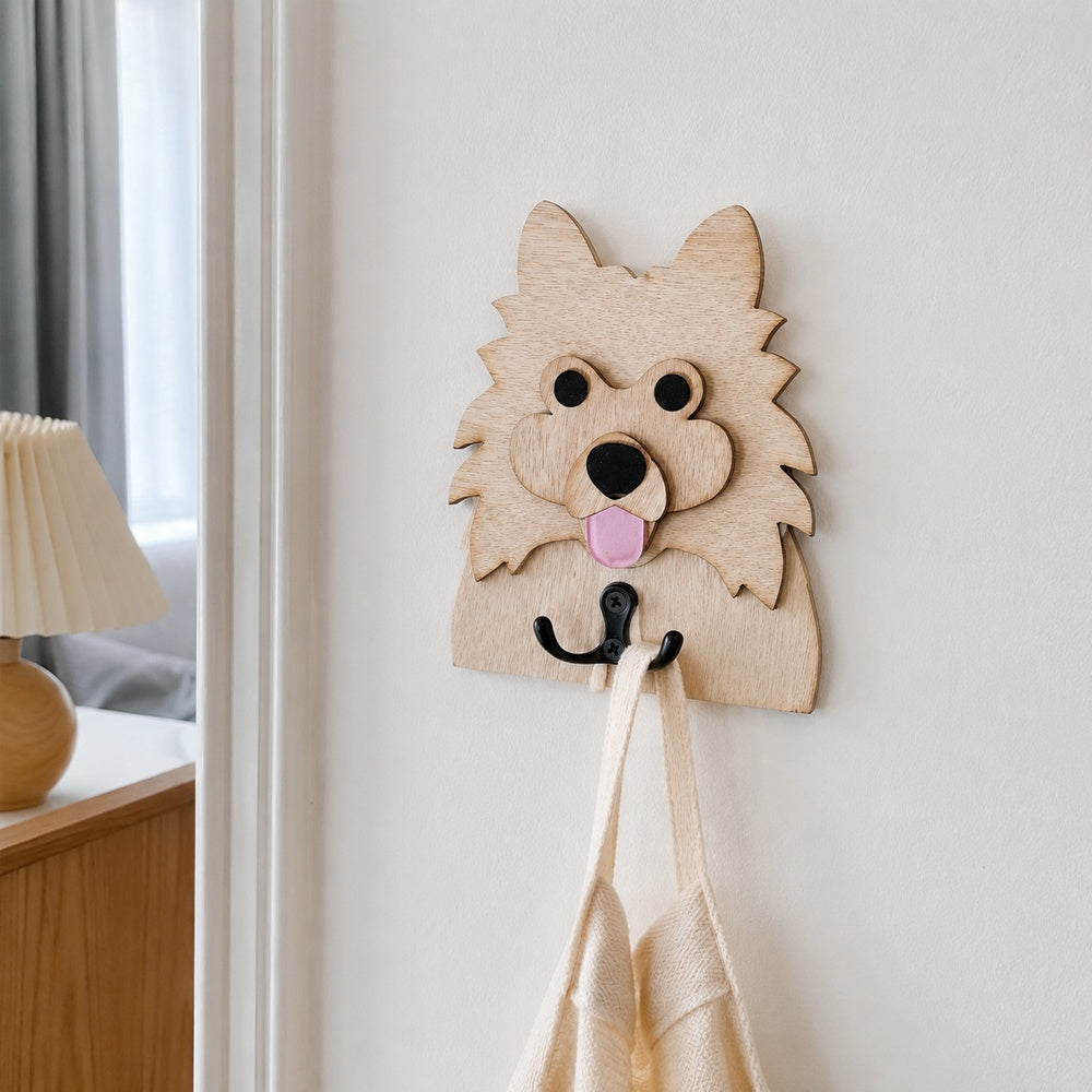 Pomeranian wooden dog wall hook key and leash holder for home entryway organizer