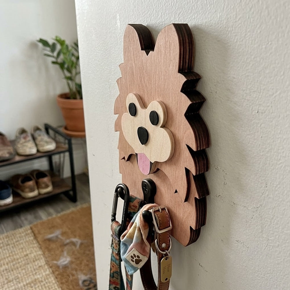 Pomeranian wooden dog wall hook key and leash holder for home entryway organizer
