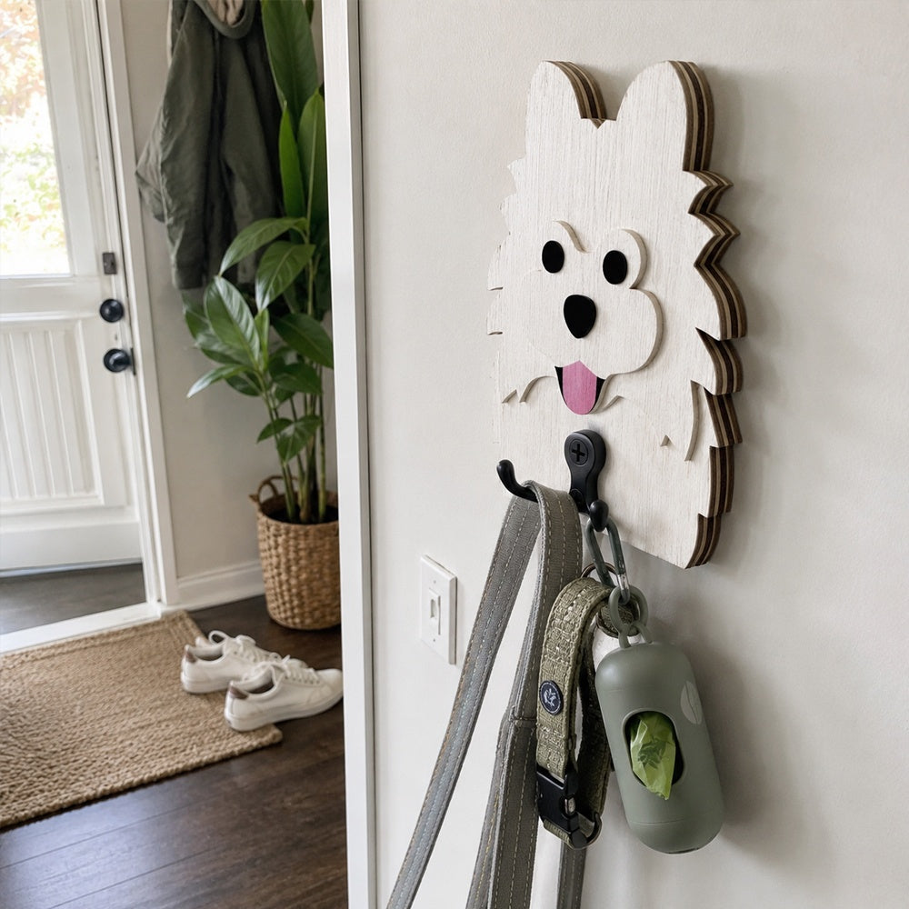 Pomeranian wooden dog wall hook key and leash holder for home entryway organizer