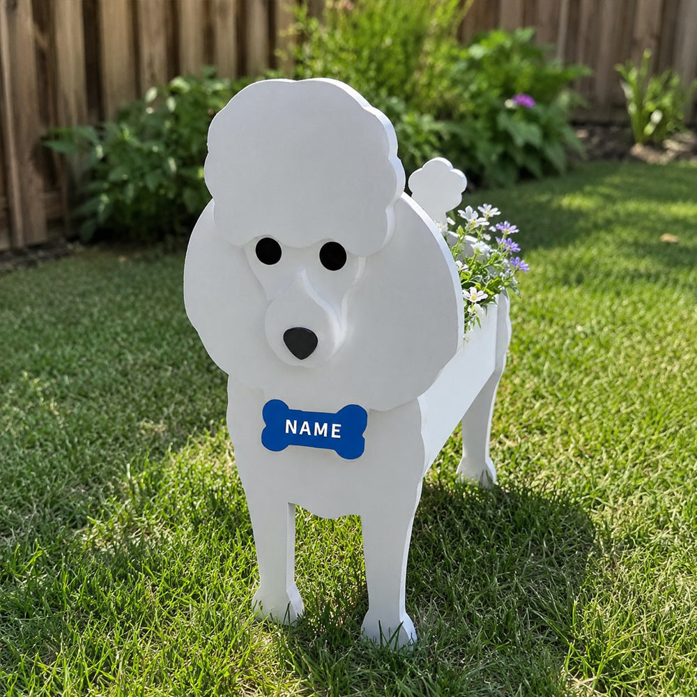 Poodle dog planter filled with fresh flowers is placed in the garden