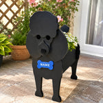 Poodle dog planter filled with fresh flowers is placed in the garden