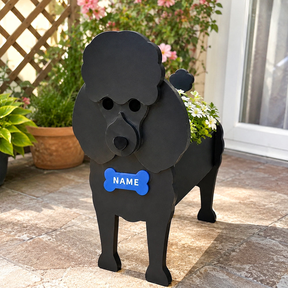 Poodle dog planter filled with fresh flowers is placed in the garden