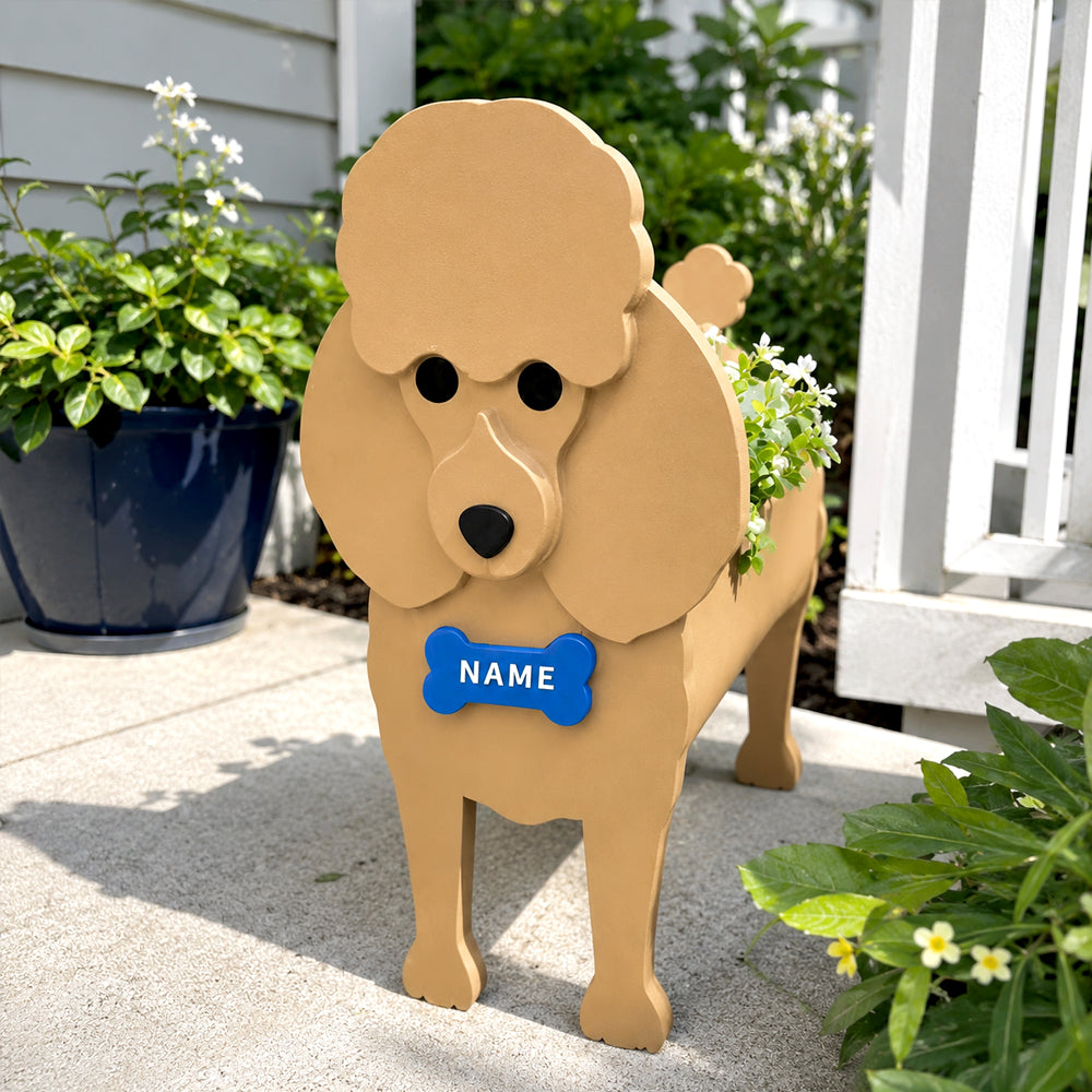 Poodle dog planter filled with fresh flowers is placed in the garden