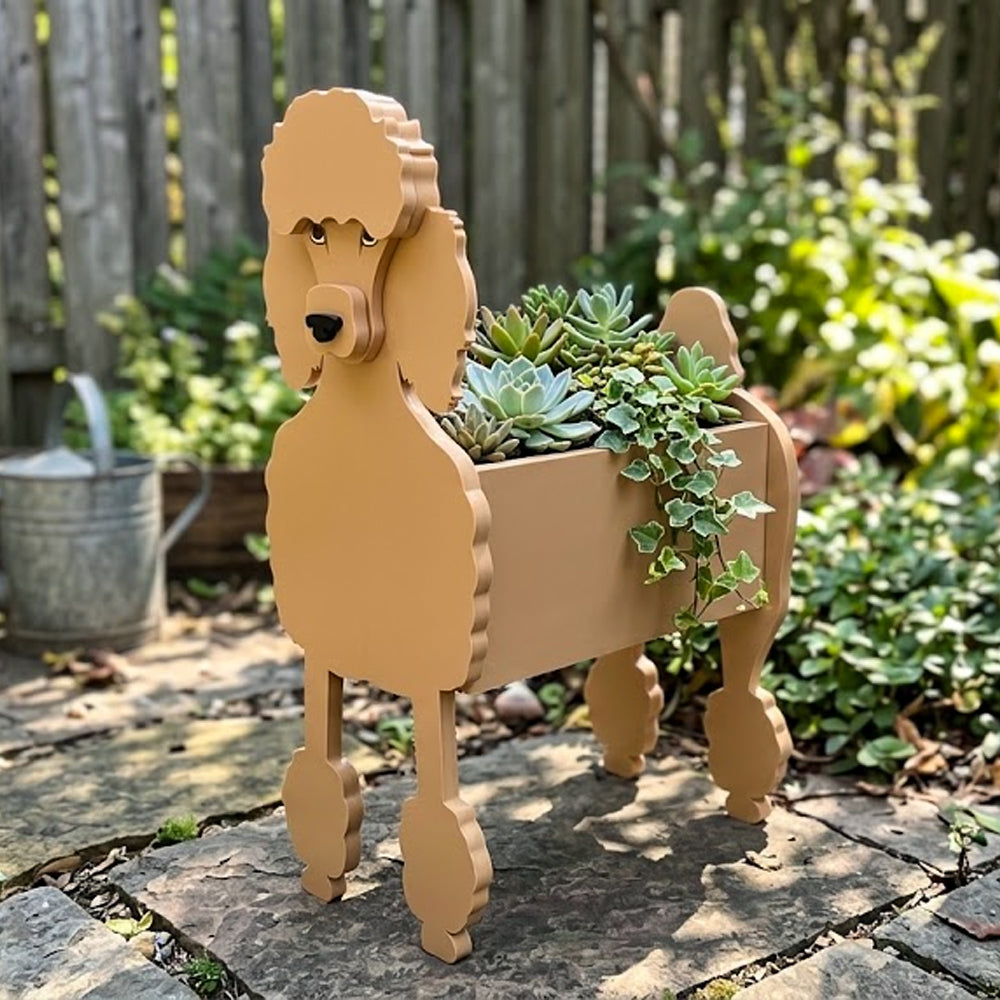 Poodle dog planter filled with fresh flowers is placed in the garden