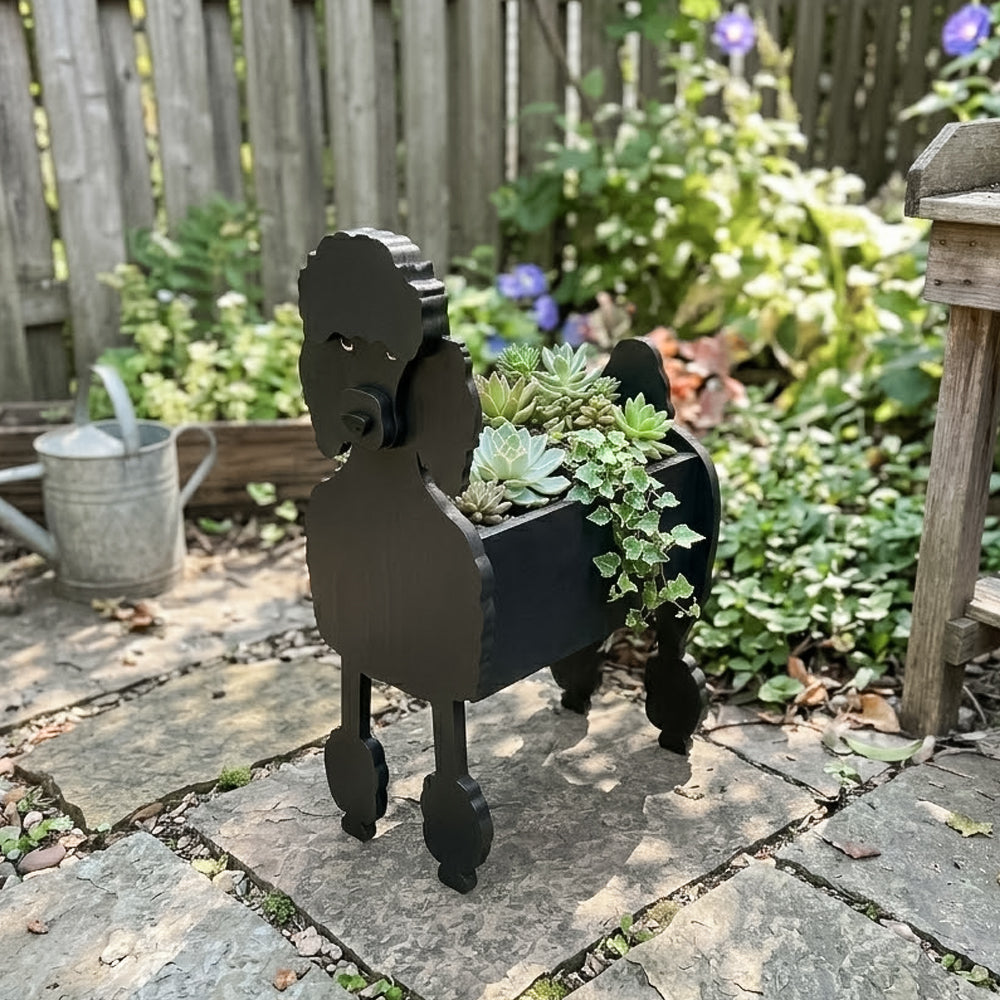 Poodle dog planter filled with fresh flowers is placed in the garden