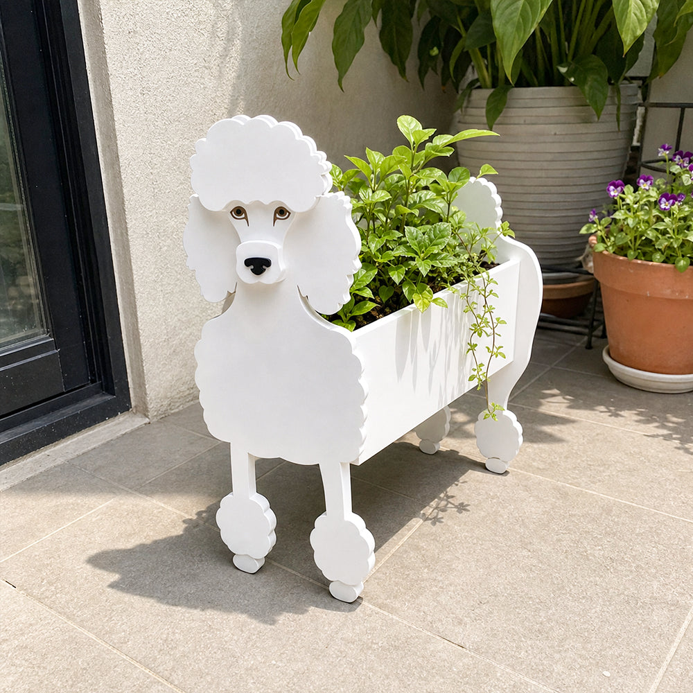 Poodle dog planter filled with fresh flowers is placed in the garden
