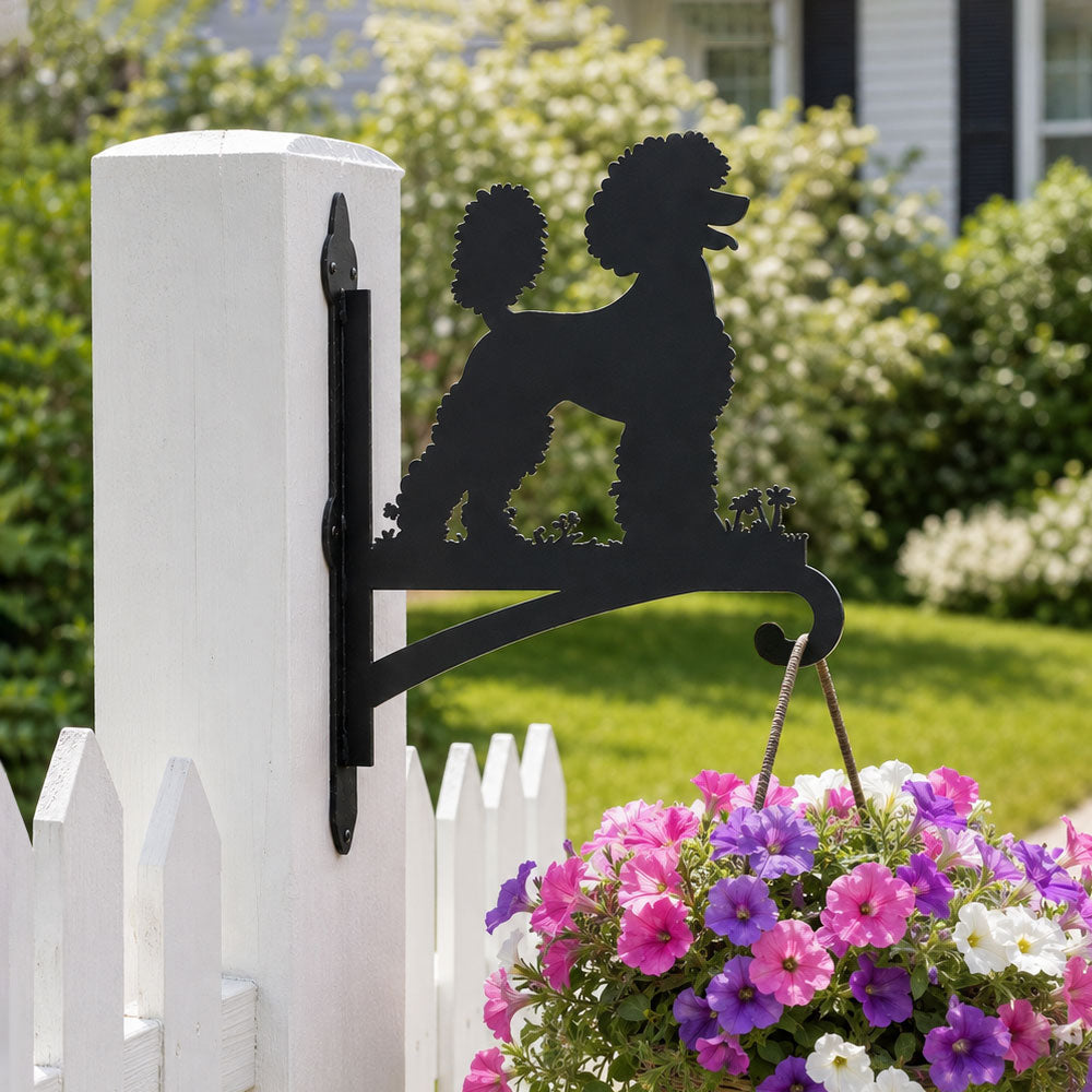 Poodle metal hanging basket bracket mounted on outdoor wall for plant decoration