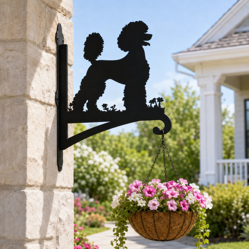 Poodle metal hanging basket bracket mounted on outdoor wall for plant decoration