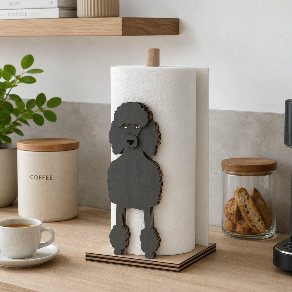 Poodle Wooden Dog Paper Towel Holder displayed on a kitchen countertop with a freestanding paper towel roll
