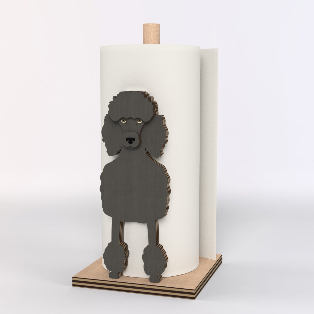 Poodle Wooden Dog Paper Towel Holder displayed on a kitchen countertop with a freestanding paper towel roll