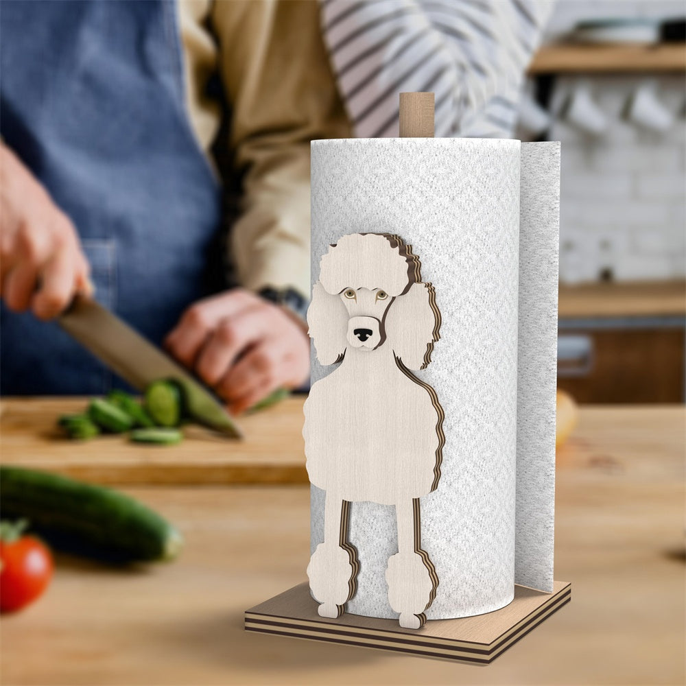 Poodle Wooden Dog Paper Towel Holder displayed on a kitchen countertop with a freestanding paper towel roll