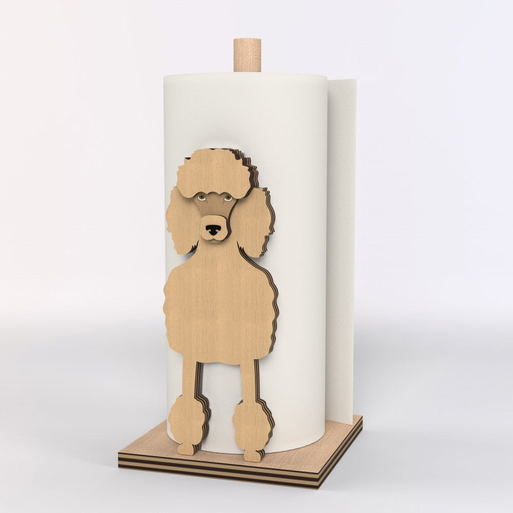 Poodle Wooden Dog Paper Towel Holder displayed on a kitchen countertop with a freestanding paper towel roll