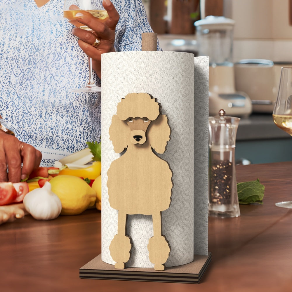 Poodle Wooden Dog Paper Towel Holder displayed on a kitchen countertop with a freestanding paper towel roll