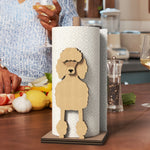 Poodle Wooden Dog Paper Towel Holder displayed on a kitchen countertop with a freestanding paper towel roll
