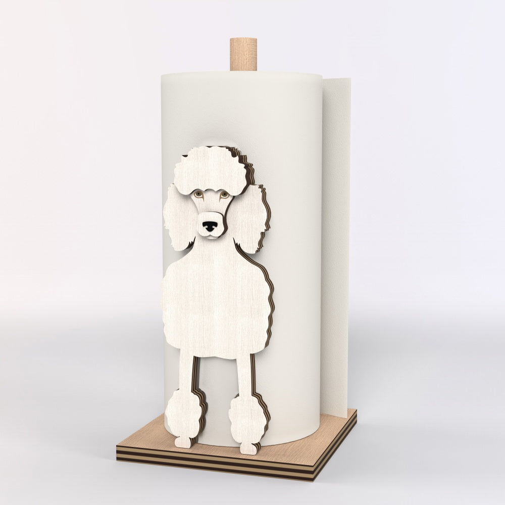 Poodle Wooden Dog Paper Towel Holder displayed on a kitchen countertop with a freestanding paper towel roll