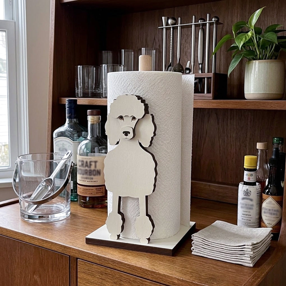 Poodle Wooden Dog Paper Towel Holder displayed on a kitchen countertop with a freestanding paper towel roll