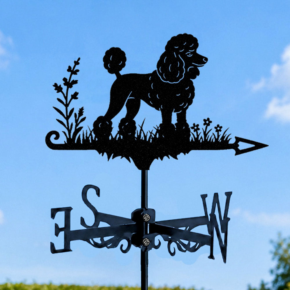 Poodle metal weather vane with directional arrows and mounting rod, outdoor roof and garden decoration